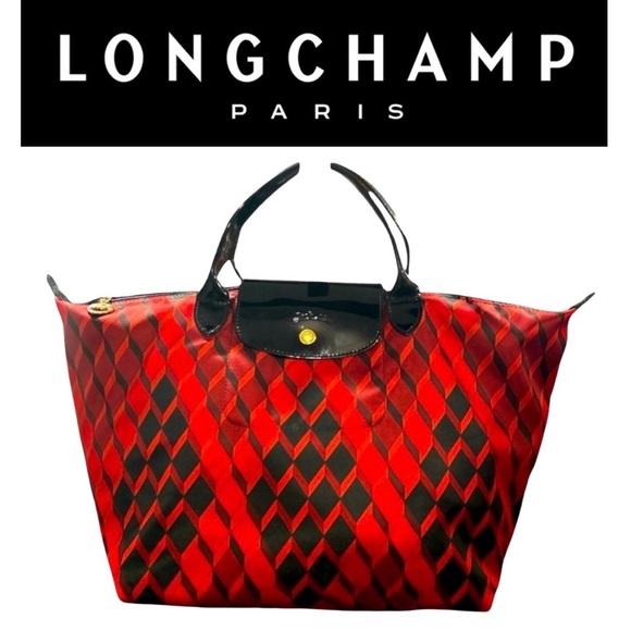 LONGCHAMP Le Pliage Red & Black Handbag Tote NWOT